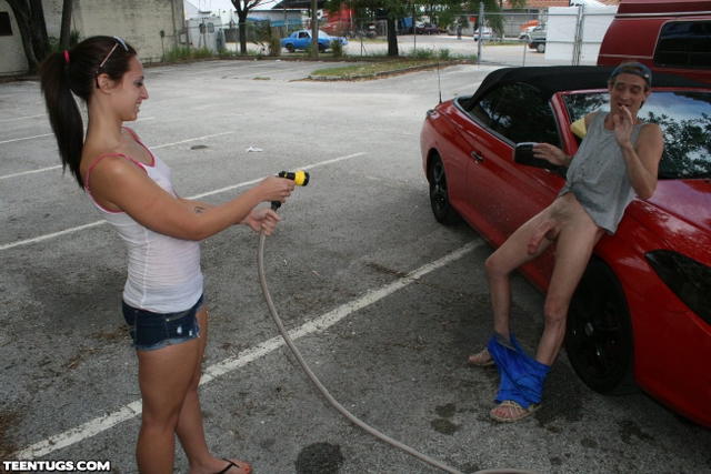 Ashley Storm Washing A Car And Tugging On A Cock!