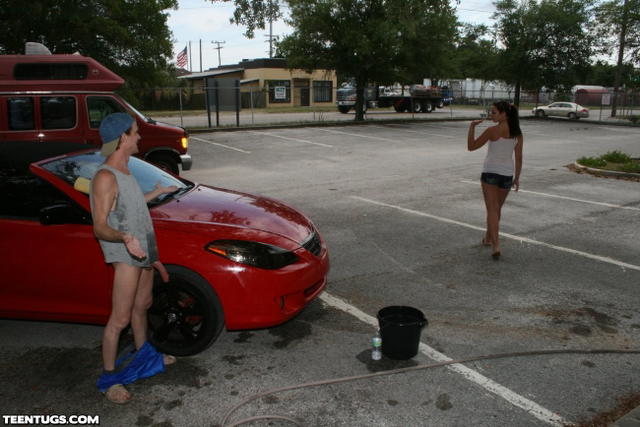 Ashley Storm Washing A Car And Tugging On A Cock!